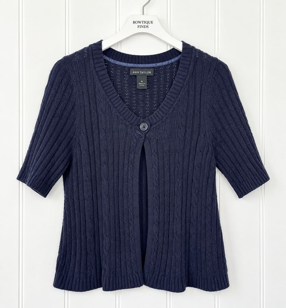 Lane Bryant Sweater 18/20 Navy Blue Cotton Cable Knit V Neck Short Sleeve